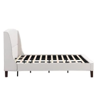 King Size Upholstered Platform Bed with Wingback Headboard, Double Bed with Solid Rubberwood Legs, 87'' L x 79.5'' W x 44.5'' H, White(m-12)
