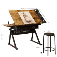 Adjustable Drafting Table Desk with Tilt Top, 2 Large Fabric Drawers, Drawing Desk with Side Pen Storage, 38.5" L x 23.5" W x 27" - 36" H, Brown(m-3)