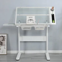 Hand-Crank Adjustable Drafting Table with 2 Drawers, Pull-Out MDF Side Shelf, Tempered Glass Top Desk for Kids, 38" L x 23.5" W x 29.5" H, White(m-1)