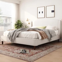 King Size Upholstered Platform Bed with Wingback Headboard, Double Bed with Solid Rubberwood Legs, 87'' L x 79.5'' W x 44.5'' H, White(m-1)