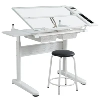 Hand-Crank Adjustable Drafting Table with 2 Drawers, Pull-Out MDF Side Shelf, Tempered Glass Top Desk for Kids, 38" L x 23.5" W x 29.5" H, White(m-2)