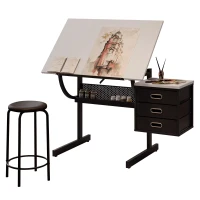 Adjustable Drafting Table with Stool and 3 Hanging Fabric Drawers, Desk for Drawing, Crafting & Reading, 45.5" L x 23.5" W x 30" H, Black+White(m-2)