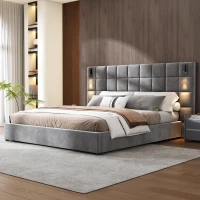 Queen Platform Bed Frame with Built-in Reading Lamps and USB Port, Platform Bed with High Headboard, 84.5'' L x 92'' W x 45.5'' H, Gray(m-1)