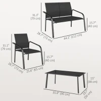 Outsunny 4 Piece Patio Furniture Set, Outdoor Conversation Set with Deep Seat, Loveseats, Armchairs, Glass-Top Table, Black(m-3)