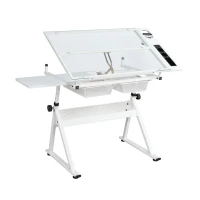 Adjustable Tempered Glass Drafting Table with 2 Metal Drawers, Chair, Powder-Coated Steel Frame Desk for Kids, 40" L x 23.5" W x 27.5" H, White(m-2)