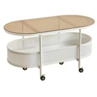 Oval Rolling Metal Coffee Table with 4 Swivel Casters, Tempered Glass Top, Storage Bin with Bottom Perforated, 35.5" L x 18" W x 18" H, White(m-2)