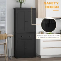 HOMCOM 72.5" Kitchen Pantry Cabinet, Traditional Freestanding Storage Cabinet with 4 Doors, Drawer and 3 Adjustable Shelves for Dining Room, Black(m-6)