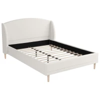 Hazel Queen Bed Frame with Soft Boucle Wingback Headboard, Upholstered Platform Bed with Wood Slats, 86.5'' L x 68'' W x 45.5'' H, White(m-11)