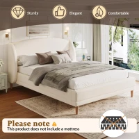 King Size Bed Frame with Soft Boucle Wingback Headboard, Upholstered Platform Bed with Wood Slats, 86.5'' L x 84'' W x 45.5'' H, White(m-5)