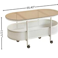 Oval Rolling Metal Coffee Table with 4 Swivel Casters, Tempered Glass Top, Storage Bin with Bottom Perforated, 35.5" L x 18" W x 18" H, White(m-3)