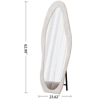 Full-Length Mirror with Flannel-Wrapped Wooden Frame, Irregular Wavy Design, Tempered Glass for Living Room, 63" L x 24" W x 2.5" H, White(m-3)
