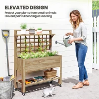 Outsunny 41" Raised Garden Bed Mobile Elevated Wooden Planter Box Stand with Wheels, Trellis and Storage Shelf, Dark Brown(m-6)