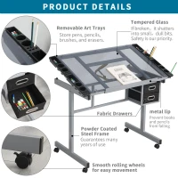 Adjustable Drafting Table Desk with 2 Fabric Drawers, 4 Locking Casters, Drawing Desk with Pencil Ledges, 40.5" L x 23.5" W x 31" H, Silver grey(m-4)
