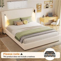 King Bed Frame with Adjustable Reading Lamp and USB Charging Port, Platform Bed with Wingback Headboard, 86'' L x 83.5'' W x 49'' H, Beige(m-5)