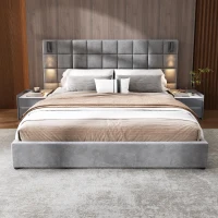 Queen Platform Bed Frame with Built-in Reading Lamps and USB Port, Platform Bed with High Headboard, 84.5'' L x 92'' W x 45.5'' H, Gray(m-8)