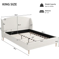 King Size Bed Frame with Soft Boucle Wingback Headboard, Upholstered Platform Bed with Wood Slats, 86.5'' L x 84'' W x 45.5'' H, White(m-3)