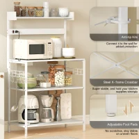 HOMCOM Kitchen Baker's Rack with Power Outlet, Coffee Bar Station with Adjustable Shelves and Hooks, Distressed White(m-7)