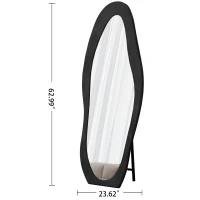 Full-Length Mirror with Flannel-Wrapped Wooden Frame, Irregular Wavy Design, Tempered Glass for Living Room, 63" L x 24" W x 2.5" H, Black(m-3)