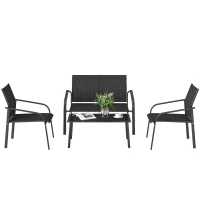 Outsunny 4 Piece Patio Furniture Set, Outdoor Conversation Set with Deep Seat, Loveseats, Armchairs, Glass-Top Table, Black(m-2)
