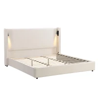 King Bed Frame with Adjustable Reading Lamp and USB Charging Port, Platform Bed with Wingback Headboard, 86'' L x 83.5'' W x 49'' H, Beige(m-12)