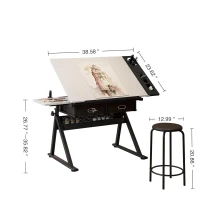 Adjustable Drafting Table Desk with Tilt Top, 2 Large Fabric Drawers, Drawing Desk with Side Pen Storage, 38.5" L x 23.5" W x 27" - 36" H, White(m-3)