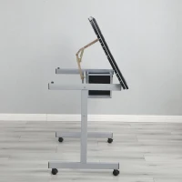Adjustable Drafting Table Desk with 2 Fabric Drawers, 4 Locking Casters, Drawing Desk with Pencil Ledges, 40.5" L x 23.5" W x 31" H, Silver grey(m-7)