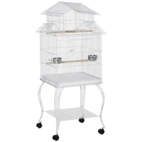 PawHut 53.9'' Large Rolling Steel Bird Cage Bird House with Detachable Rolling Stand, Storage Shelf, Wood Perch, Food Container, White(m-2)