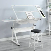 Adjustable Tempered Glass Drafting Table with 2 Metal Drawers, Chair, Powder-Coated Steel Frame Desk for Kids, 40" L x 23.5" W x 27.5" H, White(m-4)