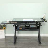 Adjustable Tempered Glass Drafting Table with 2 Large Metal Drawers and Stool, Desk with Side Storage Rails, 40" L x 23.5" W x 27.5" H, Black(m-11)