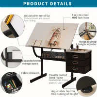 Adjustable Drafting Table with Stool and 3 Hanging Fabric Drawers, Desk for Drawing, Crafting & Reading, 45.5" L x 23.5" W x 30" H, Black+White(m-4)