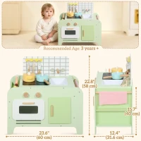 Qaba Kids Kitchen Playset with 15 Accessories, Microwave Oven, Cabinets, for Boys and Girls Ages 3+, Green(m-3)
