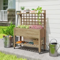 Outsunny 41" Raised Garden Bed Mobile Elevated Wooden Planter Box Stand with Wheels, Trellis and Storage Shelf, Dark Brown(m-7)