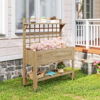 Outsunny 41" Raised Garden Bed Mobile Elevated Wooden Planter Box Stand with Wheels, Trellis and Storage Shelf, Dark Brown(m-9)