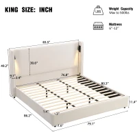 King Bed Frame with Adjustable Reading Lamp and USB Charging Port, Platform Bed with Wingback Headboard, 86'' L x 83.5'' W x 49'' H, Beige(m-3)