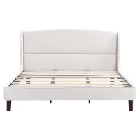 King Size Upholstered Platform Bed with Wingback Headboard, Double Bed with Solid Rubberwood Legs, 87'' L x 79.5'' W x 44.5'' H, White(m-2)