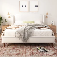 King Size Upholstered Platform Bed with Wingback Headboard, Double Bed with Solid Rubberwood Legs, 87'' L x 79.5'' W x 44.5'' H, White(m-7)