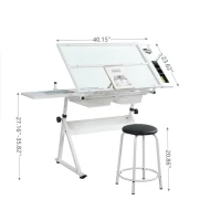Adjustable Tempered Glass Drafting Table with 2 Metal Drawers, Chair, Powder-Coated Steel Frame Desk for Kids, 40" L x 23.5" W x 27.5" H, White(m-3)