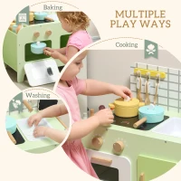 Qaba Kids Kitchen Playset with 15 Accessories, Microwave Oven, Cabinets, for Boys and Girls Ages 3+, Green(m-5)