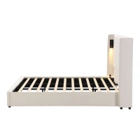 King Bed Frame with Adjustable Reading Lamp and USB Charging Port, Platform Bed with Wingback Headboard, 86'' L x 83.5'' W x 49'' H, Beige(m-10)