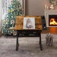 Adjustable Drafting Table Desk with 2 Large Fabric Drawers and Stool, Drawing Desk with Adjustable Leg Levelers, 38.5" L x 23.5" W x 27" H, Black(m-5)