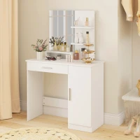 HOMCOM Vanity Desk with Mirror, Makeup Vanity w/ Drawer, Open Compartment and Shelves, Cabinet, Adjustable Shelves for Bedroom(m-8)