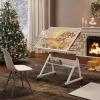 1500-Piece Jigsaw Puzzle Table with 4 Felt Storage Trays, Locking Casters, Drawing Desk with Wooden Cover, 35.5" L x 23.5" W x 29.5" H, White(m-5)