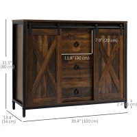 HOMCOM Industrial Buffet Cabinet, Kitchen Sideboard with Sliding Barn Doors, Three Drawers and Adjustable Shelves, Rustic Brown(m-3)