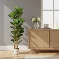 HOMCOM 5FT Artificial Fiddle Leaf Fig Tree, Fake Potted Tree with Solid Wood Trunks for Indoor Decor, Green(m-9)