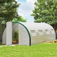 Outsunny Tunnel Greenhouse Walk-in Plant Warm House with 2 Hinged Doors, 8 Mesh Windows, 20' x 10' x 6.6', White(m-2)