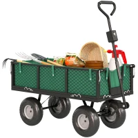 Outsunny Steel Garden Cart, Utility Wagon Cart with Removable Liner, Quick-Release Sides, 10" Wheels, 660lbs Capacity, Green(m-11)