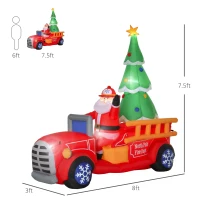 HOMCOM 7.5ft Christmas Inflatable Santa Claus Driving a Fire Truck with Tree, Outdoor Blow-Up Yard Decoration with LED Lights Display(m-3)