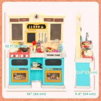 Qaba Play Kitchen Set, Kids Kitchen Playset with Real Lights and Sounds, Sink, Stove, Clock, Accessories, Green(m-3)