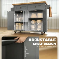 HOMCOM Kitchen Island Cart with Rubber Wood Top, Rolling Kitchen Island Table on Wheels with Drawers, Adjustable Shelves, Spice Rack and Towel Rack for Dining Room, Gray(m-5)