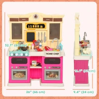 Qaba Play Kitchen Set, Kids Kitchen Playset with Real Lights and Sounds, Sink, Stove, Clock, Accessories, Pink(m-3)